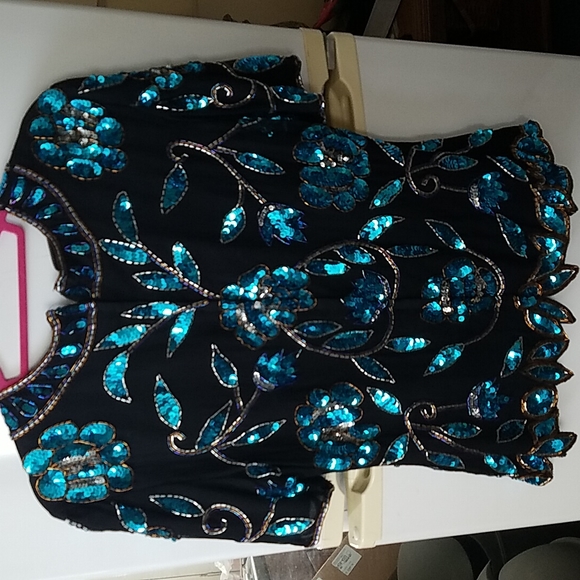Vintage Sequin Black Silk top Blue flowers  80's 90s Stenay disco date night - Picture 2 of 7